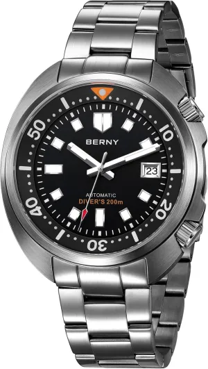 Men's Analog Mechanical Wristwatch with Super Luminous Full Stainless Steel, influx AR Coating Sapphire Crystal Date Calender Fashion Birthday Present BERNY Automatic Watch for Men 200M Waterproof Dive Watch 
