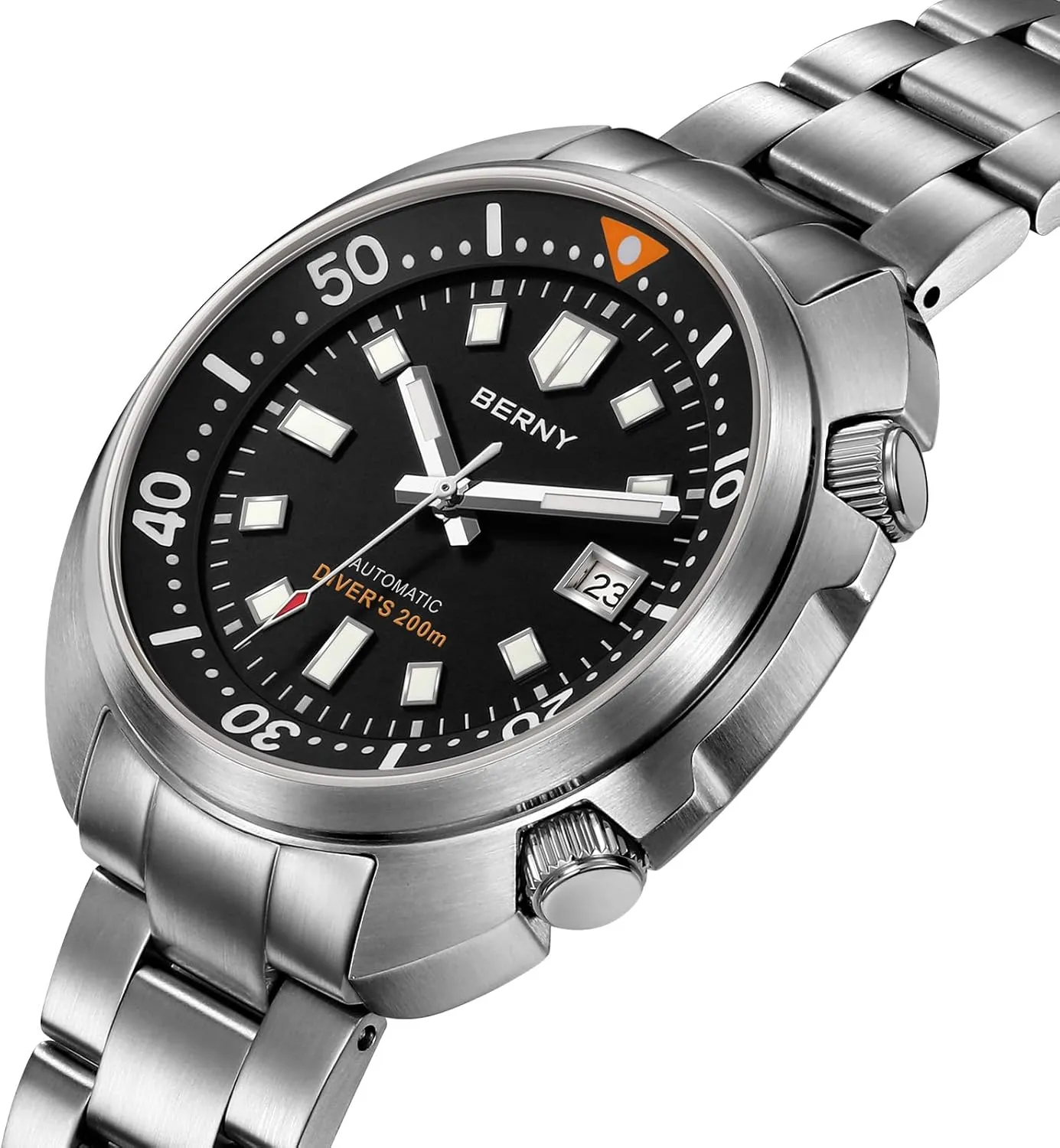 Men's Analog Mechanical Wristwatch with Super Luminous Full Stainless Steel, influx AR Coating Sapphire Crystal Date Calender Fashion Birthday Present BERNY Automatic Watch for Men 200M Waterproof Dive Watch 