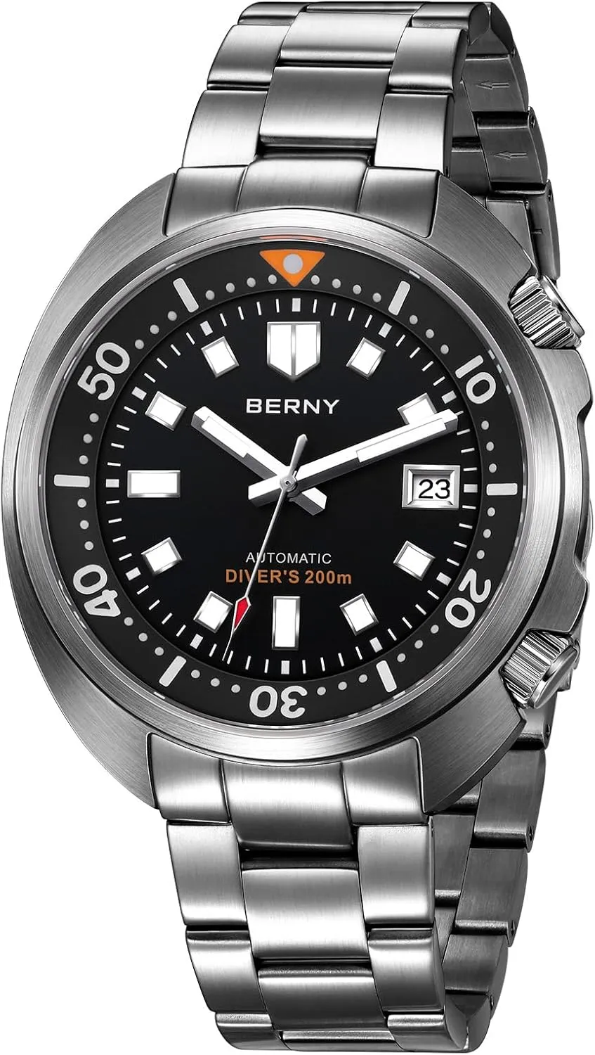 Men's Analog Mechanical Wristwatch with Super Luminous Full Stainless Steel, influx AR Coating Sapphire Crystal Date Calender Fashion Birthday Present BERNY Automatic Watch for Men 200M Waterproof Dive Watch 
