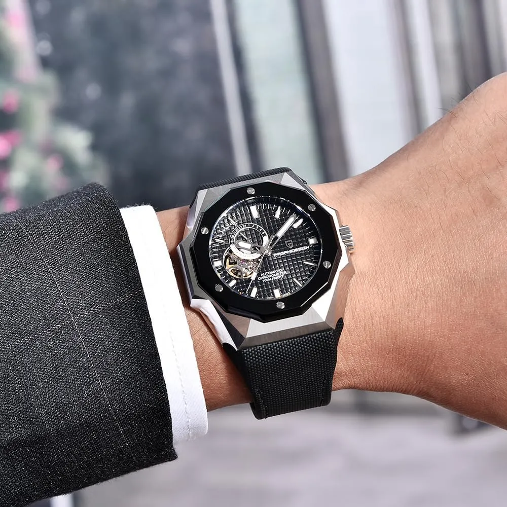 Men's Automatic Mechanical Pointer Watch Skeleton Tourbillon Waterproof Luminous Fashion Casual Wristwatch Chronometer HaiQin suitably Pagani Design 