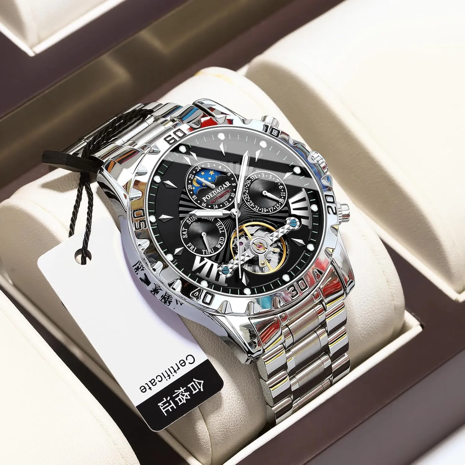 Men's Automatic Mechanical Watch Multifunction 24 Hour Date Day Rotating Flywheel cooperative nutrient Moon Phase Waterproof Watches for Men Classic Business MASTOP Watches for Men, 