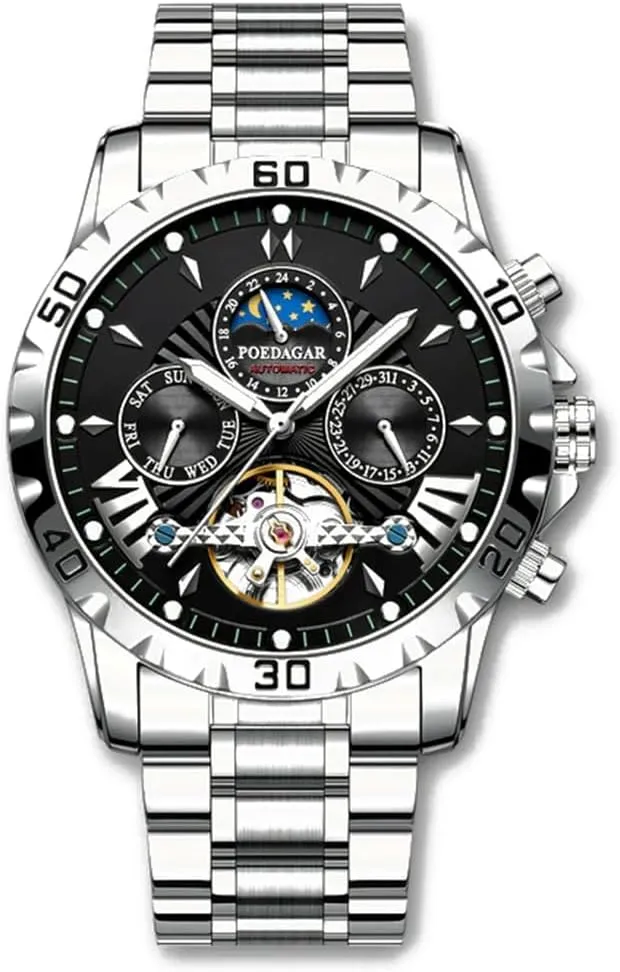 Men's Automatic Mechanical Watch Multifunction 24 Hour Date Day Rotating Flywheel cooperative nutrient Moon Phase Waterproof Watches for Men Classic Business MASTOP Watches for Men, 