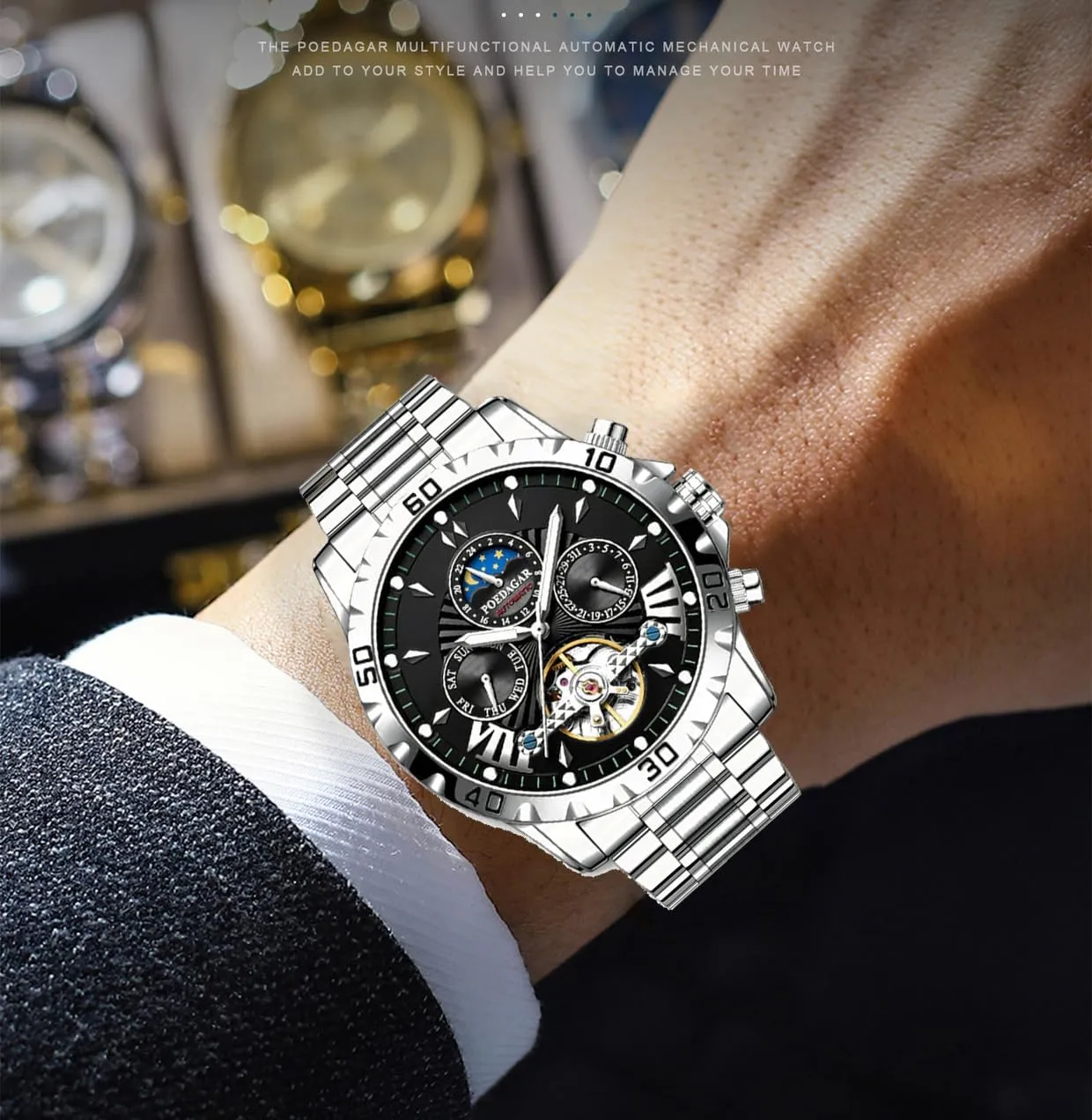 Men's Automatic Mechanical Watch Multifunction 24 Hour Date Day Rotating Flywheel cooperative nutrient Moon Phase Waterproof Watches for Men Classic Business MASTOP Watches for Men, 