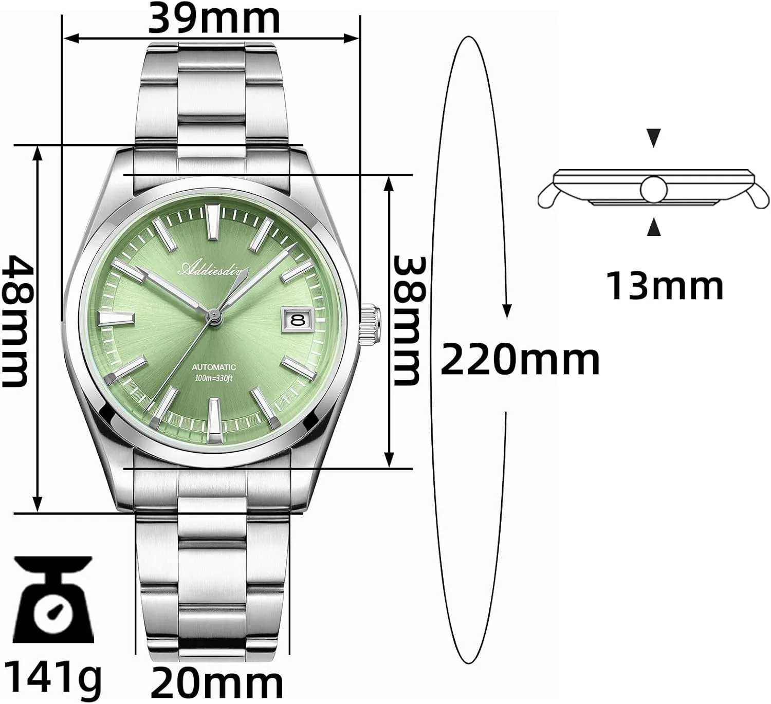 Mens Automatic Watch NH35A Selfwinding Movement Casual Watch Curved Glass BGW9 Luminous fence dyestuff blacken fireplace meadow react 100M Waterproof ADDIESDIVE Luxury 