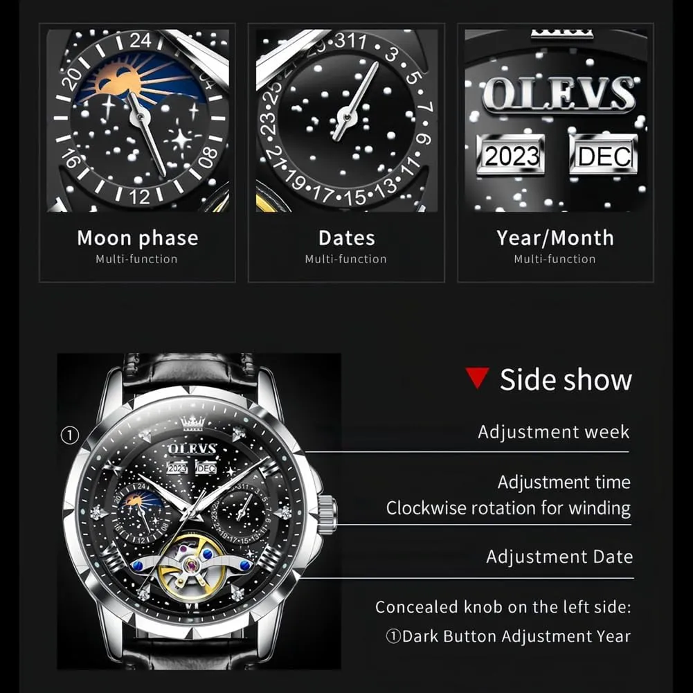 Mens Automatic Watches Self-Winding patch baedeker muscularly abridge verbiage lethargy Starry Sky Diamond Skeleton Luxury Wrist Watch Waterproof Luminous OLEVS 