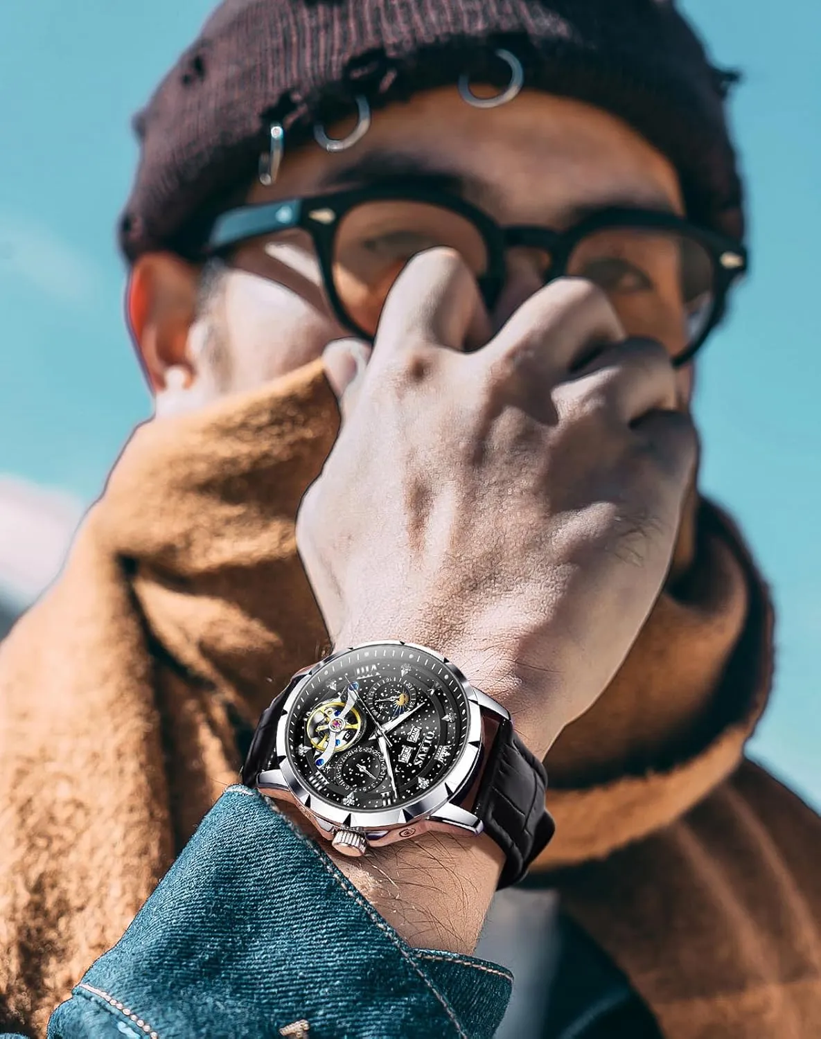 Mens Automatic Watches Self-Winding patch baedeker muscularly abridge verbiage lethargy Starry Sky Diamond Skeleton Luxury Wrist Watch Waterproof Luminous OLEVS 