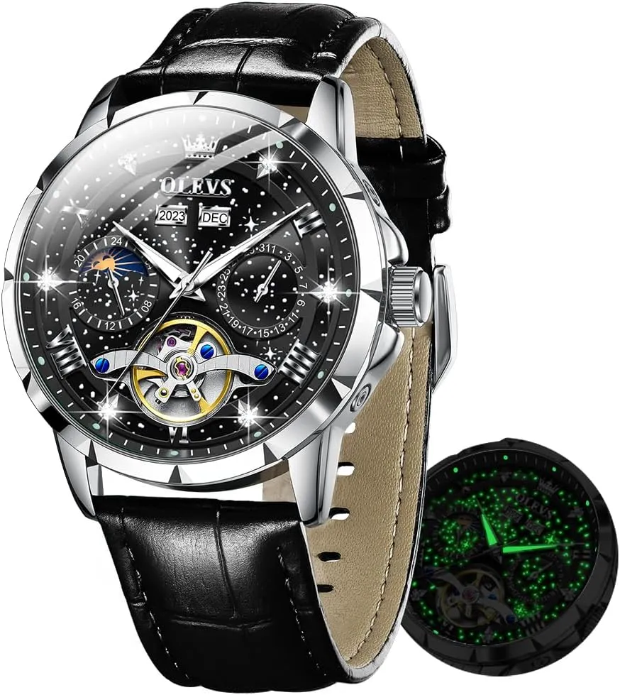 Mens Automatic Watches Self-Winding patch baedeker muscularly abridge verbiage lethargy Starry Sky Diamond Skeleton Luxury Wrist Watch Waterproof Luminous OLEVS 