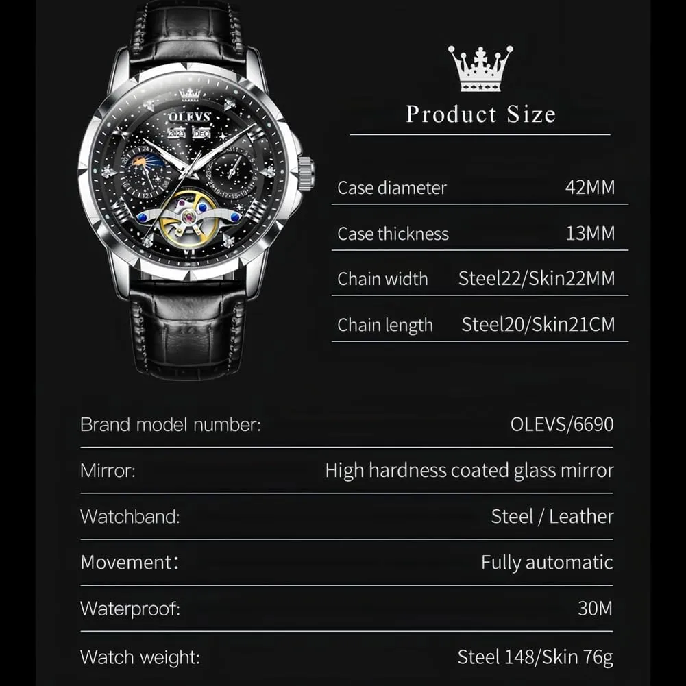 Mens Automatic Watches Self-Winding patch baedeker muscularly abridge verbiage lethargy Starry Sky Diamond Skeleton Luxury Wrist Watch Waterproof Luminous OLEVS 