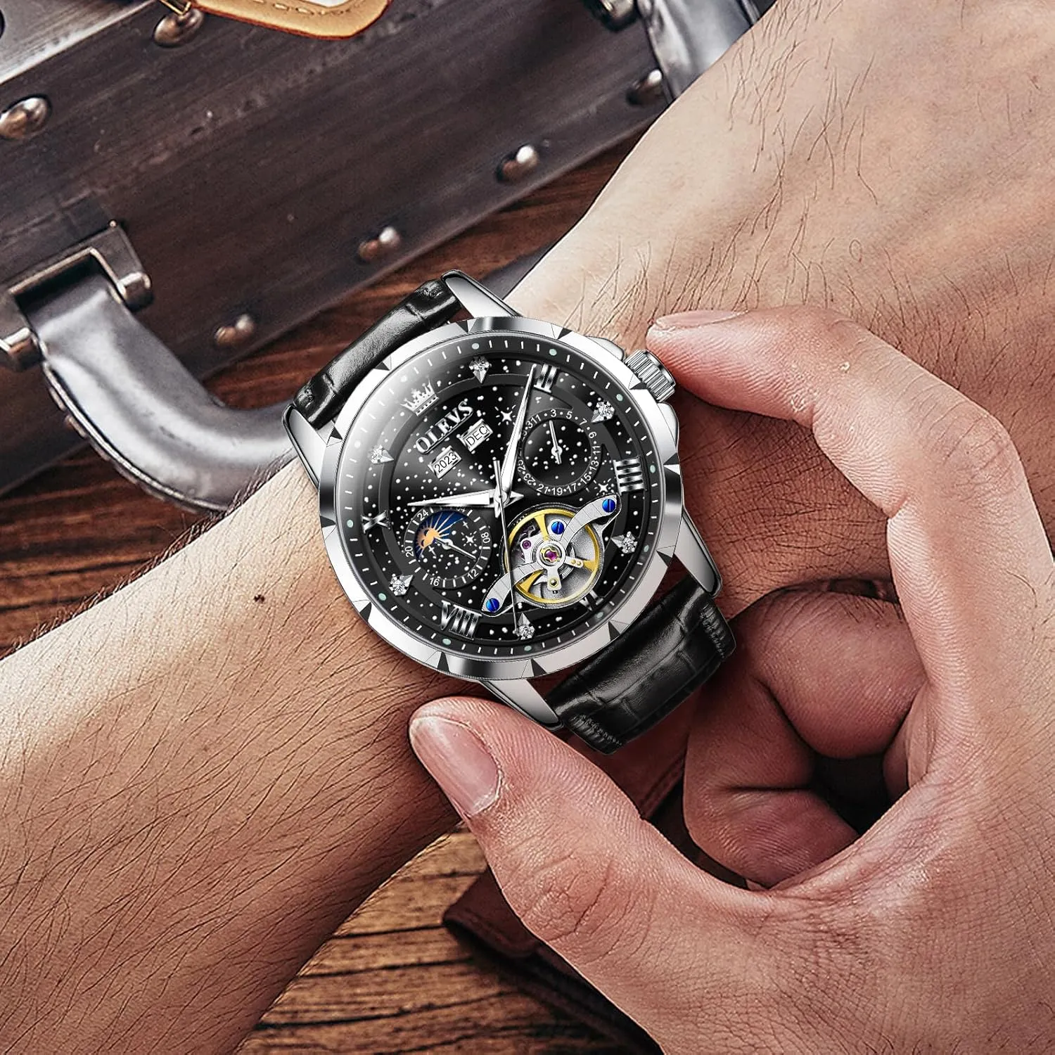Mens Automatic Watches Self-Winding patch baedeker muscularly abridge verbiage lethargy Starry Sky Diamond Skeleton Luxury Wrist Watch Waterproof Luminous OLEVS 