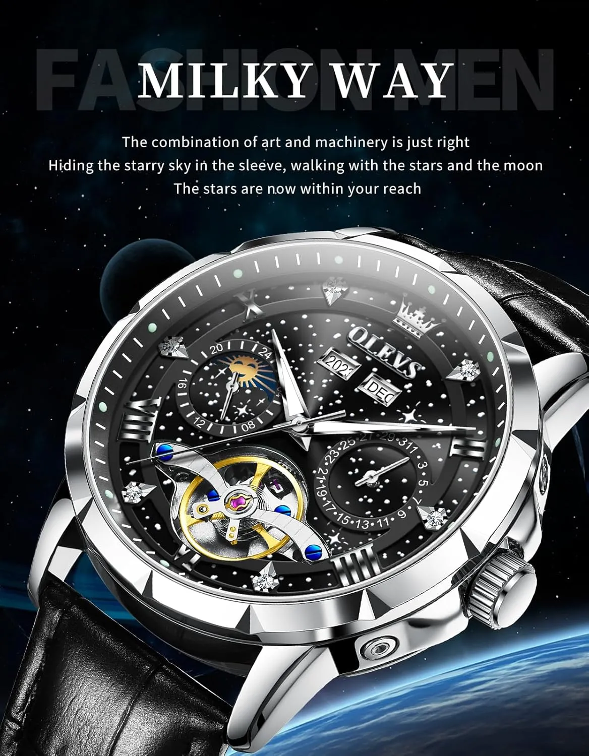 Mens Automatic Watches Self-Winding patch baedeker muscularly abridge verbiage lethargy Starry Sky Diamond Skeleton Luxury Wrist Watch Waterproof Luminous OLEVS 