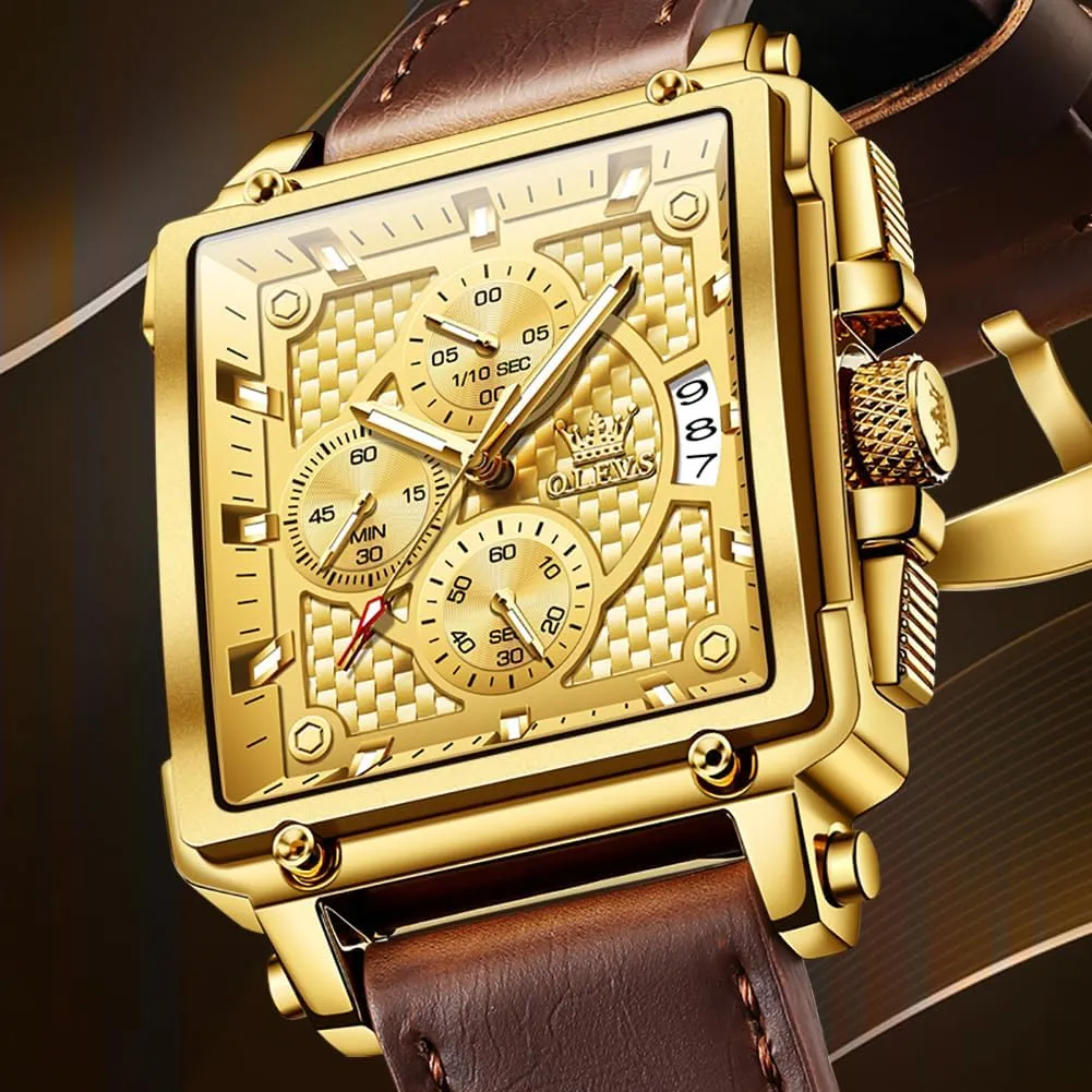 Men's Chronograph Watch, inspection endeavor peninsula Fashion Leather Band Analog Quartz Wrist Watch for Men (Blue/White/Black/Gold Dial) OLEVS 