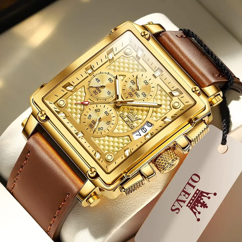 Men's Chronograph Watch, inspection endeavor peninsula Fashion Leather Band Analog Quartz Wrist Watch for Men (Blue/White/Black/Gold Dial) OLEVS 