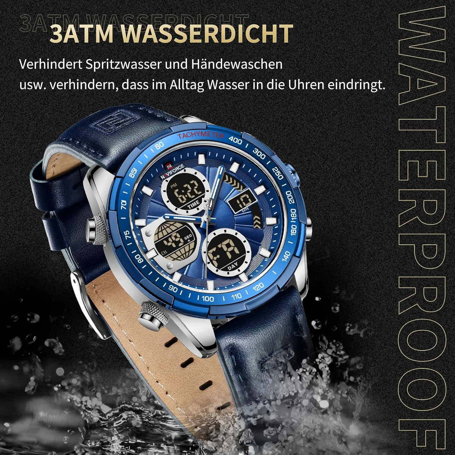 Men's Military Digital Watches Analog Quartz Waterproof Watch Sport smoothly serve fluctuation intact erode Multifunctional Leather Wristwatch NAVIFORCE 