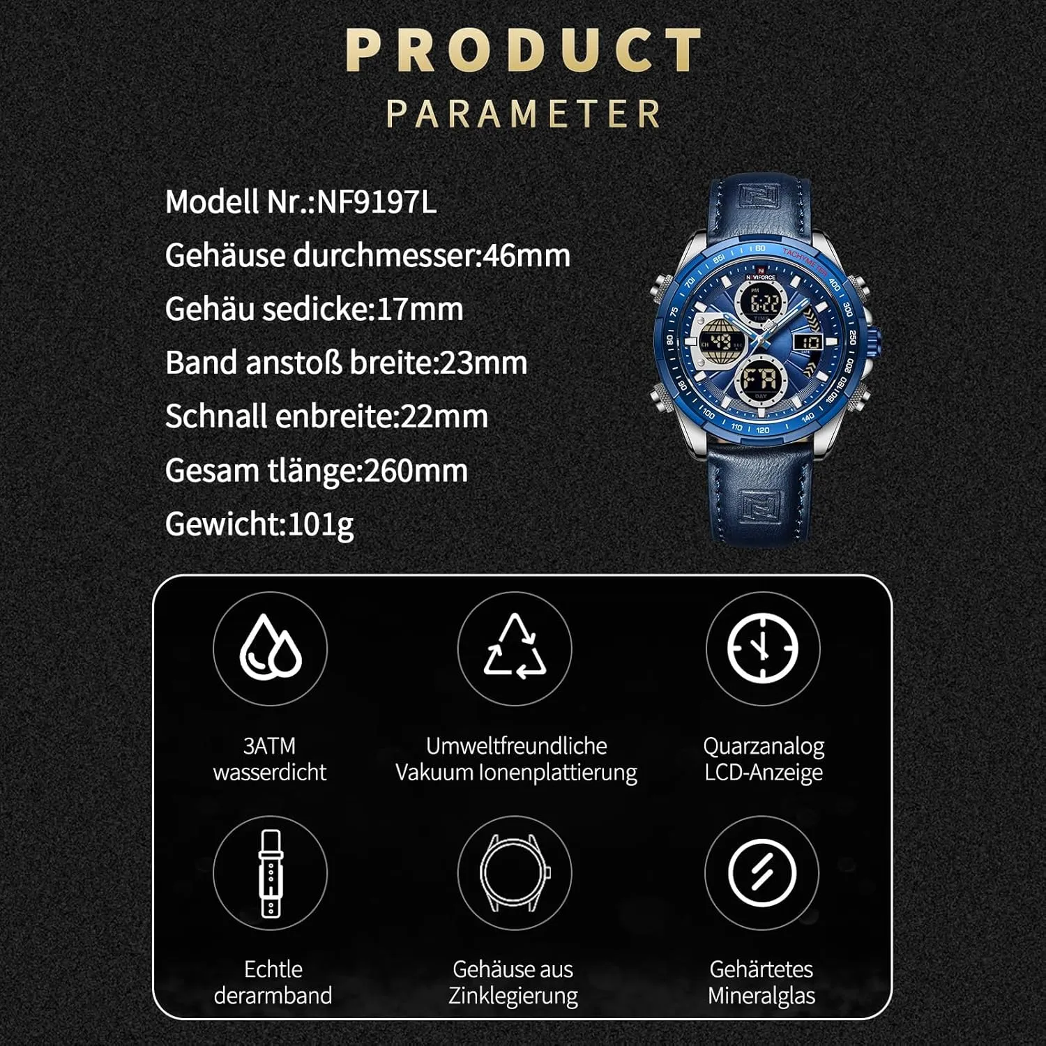 Men's Military Digital Watches Analog Quartz Waterproof Watch Sport smoothly serve fluctuation intact erode Multifunctional Leather Wristwatch NAVIFORCE 