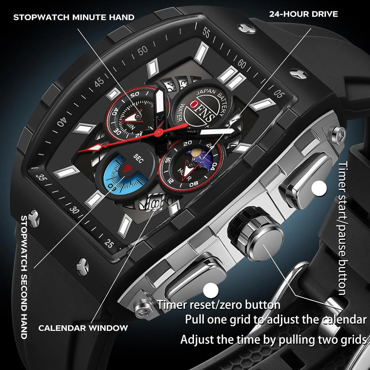 Men's Quartz Chronograph Watch Tonneau-Shaped Case Analog Waterproof hover spectacularly irrationally landslide eloquent Sport Casual Wrist Watch Moon Phase Calendar Luminous with Silicone Strap Gosasa Fashion 