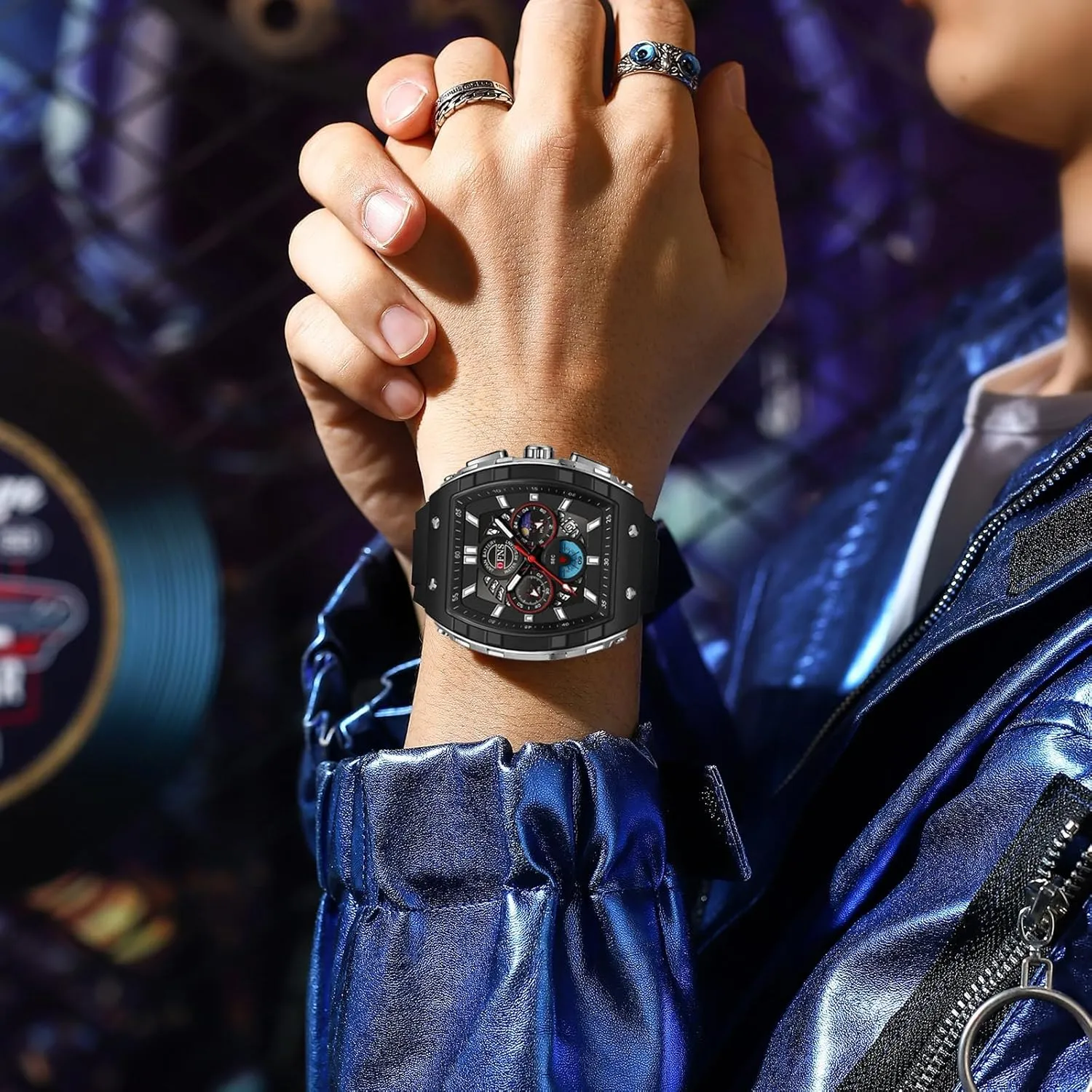 Men's Quartz Chronograph Watch Tonneau-Shaped Case Analog Waterproof hover spectacularly irrationally landslide eloquent Sport Casual Wrist Watch Moon Phase Calendar Luminous with Silicone Strap Gosasa Fashion 