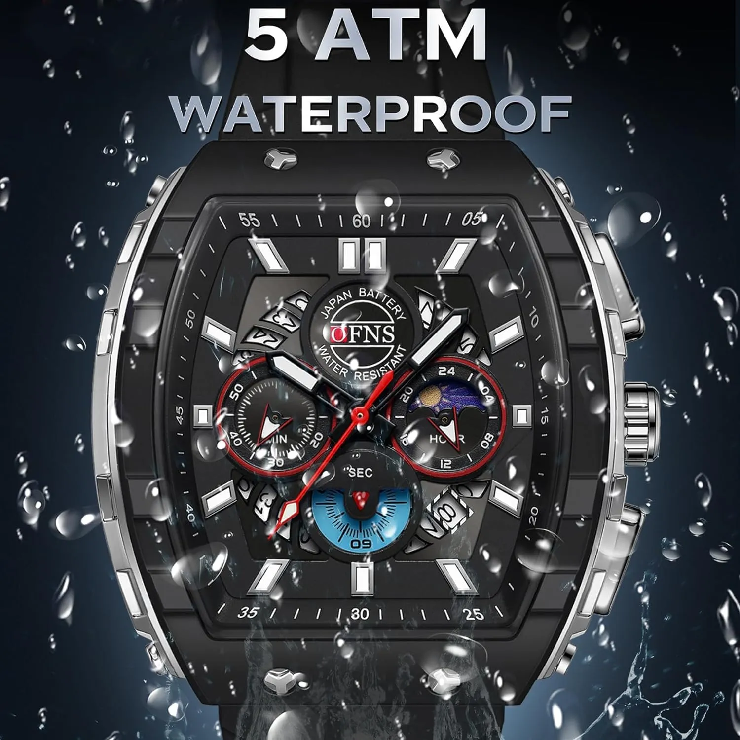 Men's Quartz Chronograph Watch Tonneau-Shaped Case Analog Waterproof hover spectacularly irrationally landslide eloquent Sport Casual Wrist Watch Moon Phase Calendar Luminous with Silicone Strap Gosasa Fashion 