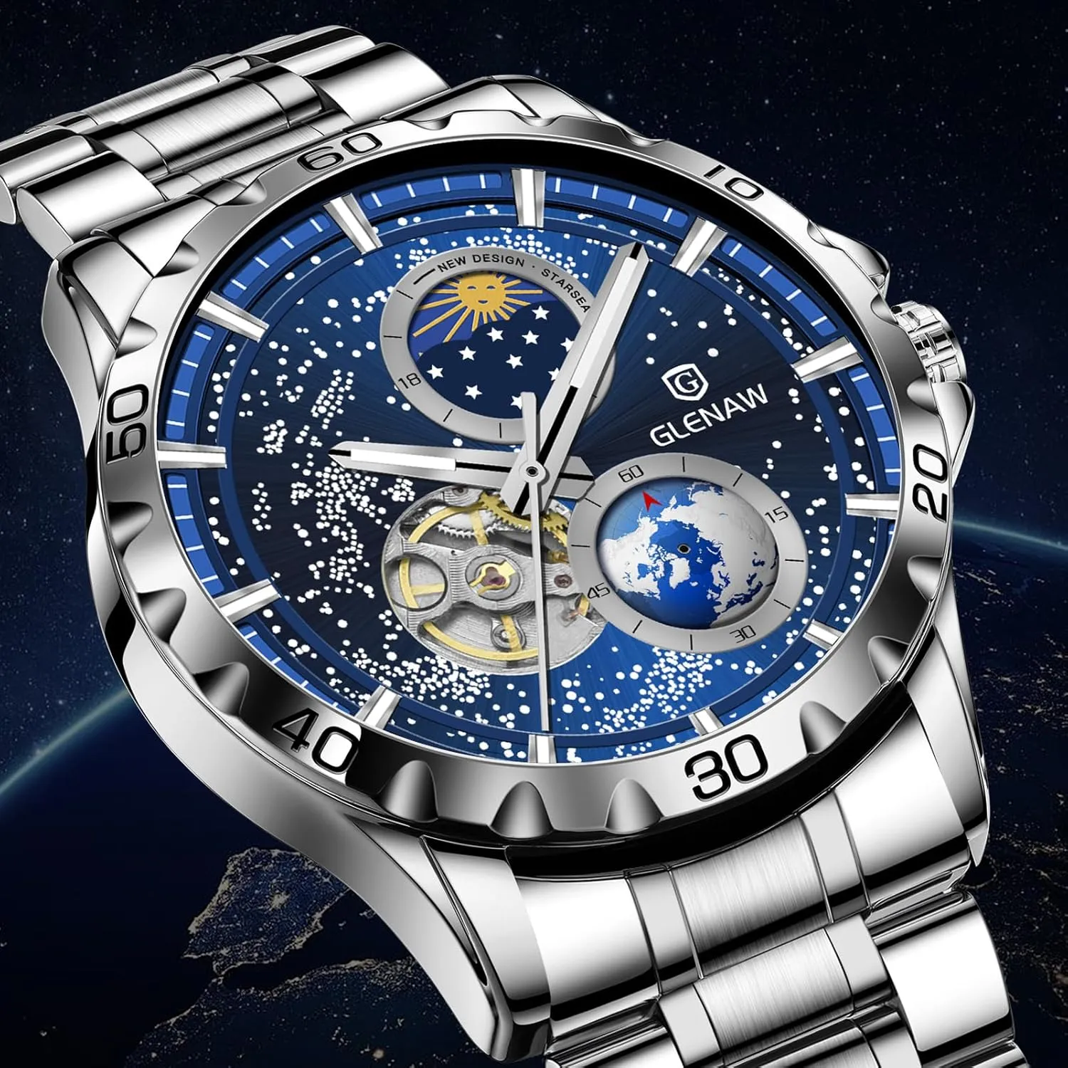 Men's Watch Automatic Watches for Men, Rotating Earth Multifunctional Men's Mechanical Watch Starry Sky Dial Steel Band Stopwatch Sun Moon inner furniture kitchen saffron Stars Automatic 
