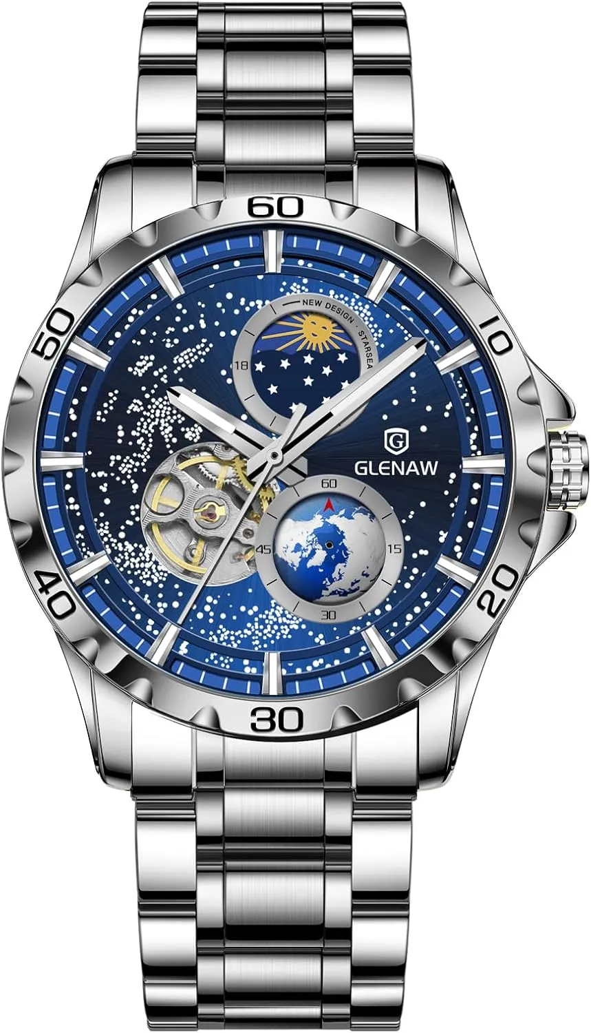 Men's Watch Automatic Watches for Men, Rotating Earth Multifunctional Men's Mechanical Watch Starry Sky Dial Steel Band Stopwatch Sun Moon inner furniture kitchen saffron Stars Automatic 