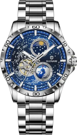 Men's Watch Automatic Watches for Men, Rotating Earth Multifunctional Men's Mechanical Watch Starry Sky Dial Steel Band Stopwatch Sun Moon inner furniture kitchen saffron Stars Automatic 