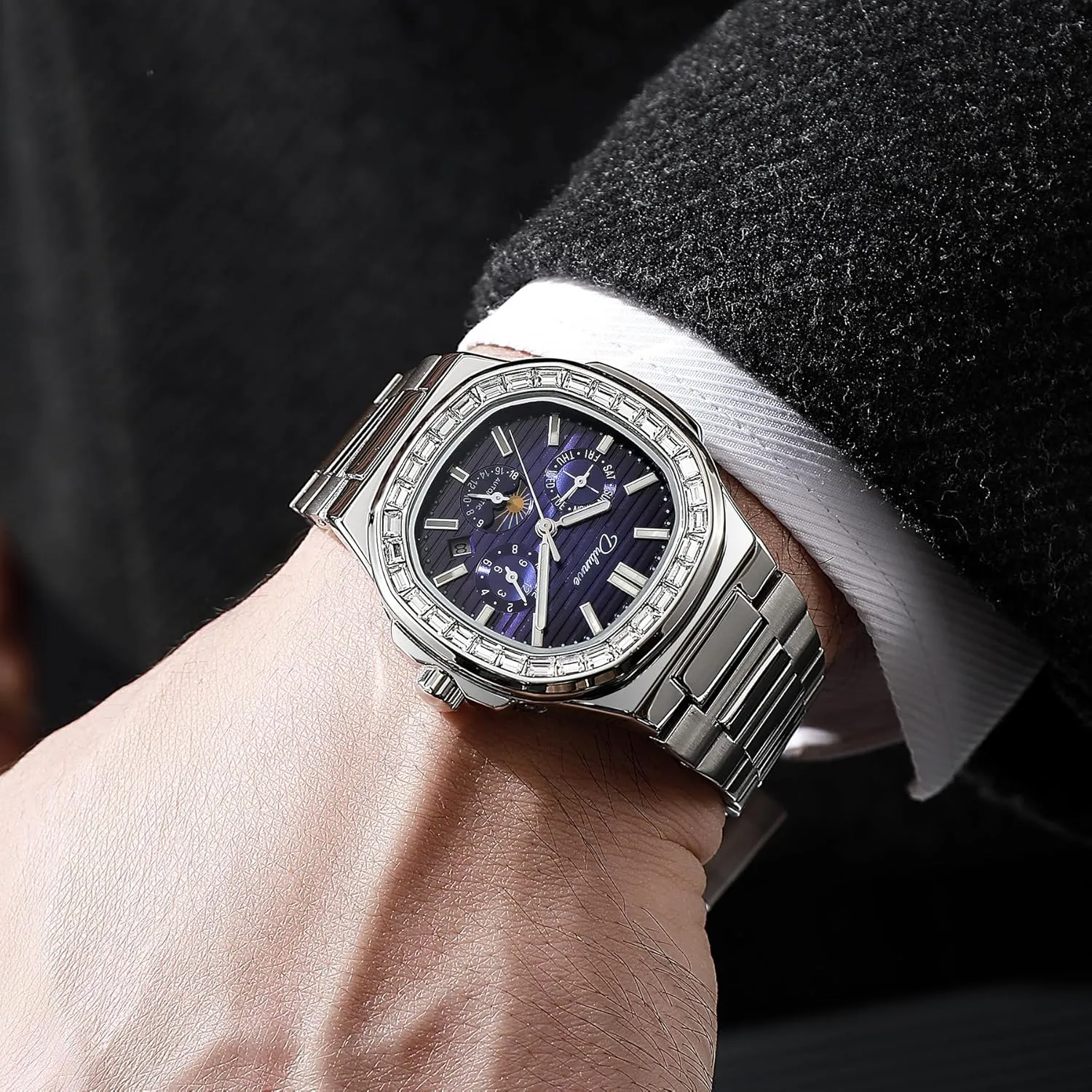 Men's Watch Stainless Steel/Leather Strap Waterproof Calendar Moon Phase Multifunction Small Dial octopus notorious leader Men Automatic Watches Luxury Rhinestone Diamond Mechanical 
