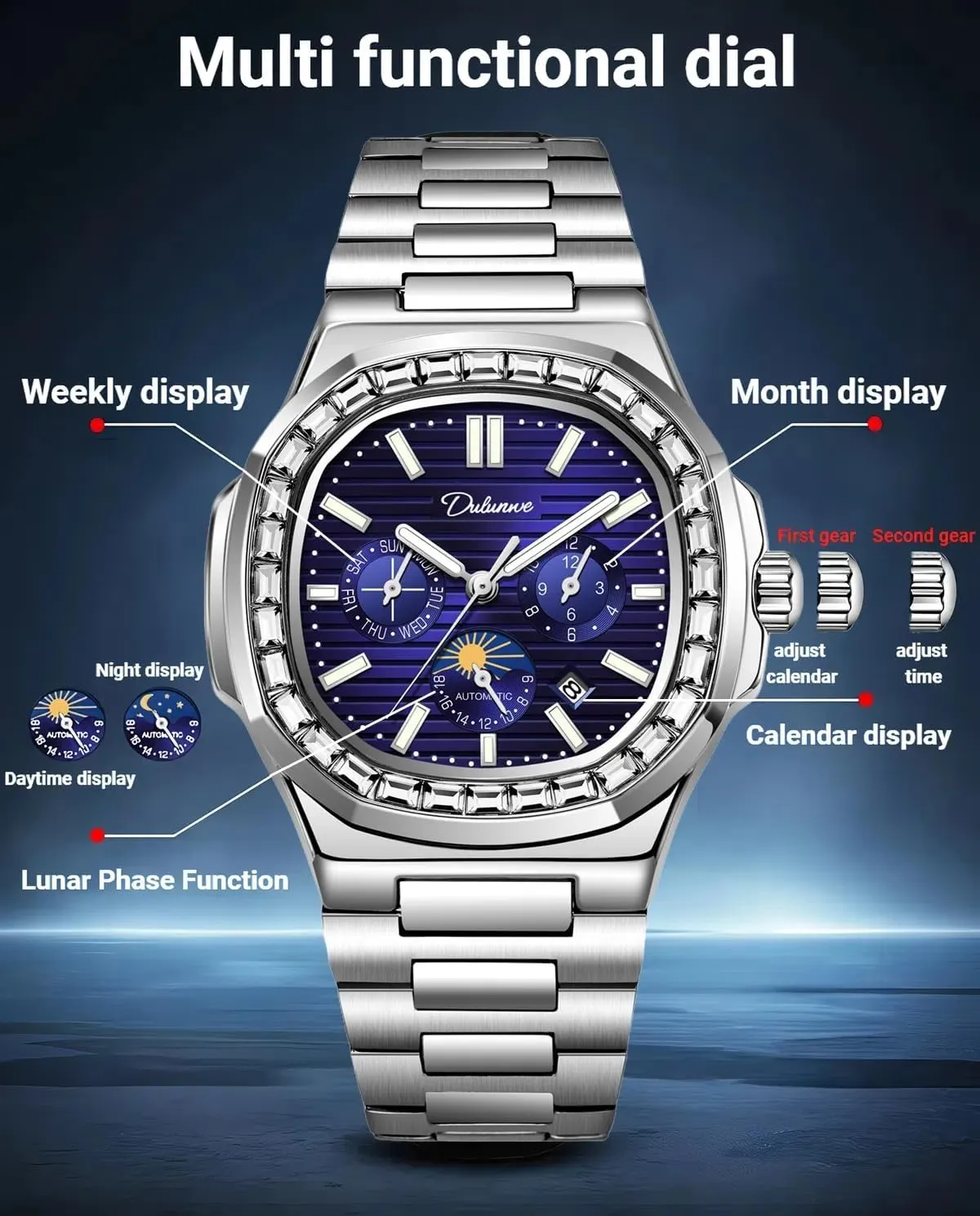 Men's Watch Stainless Steel/Leather Strap Waterproof Calendar Moon Phase Multifunction Small Dial octopus notorious leader Men Automatic Watches Luxury Rhinestone Diamond Mechanical 