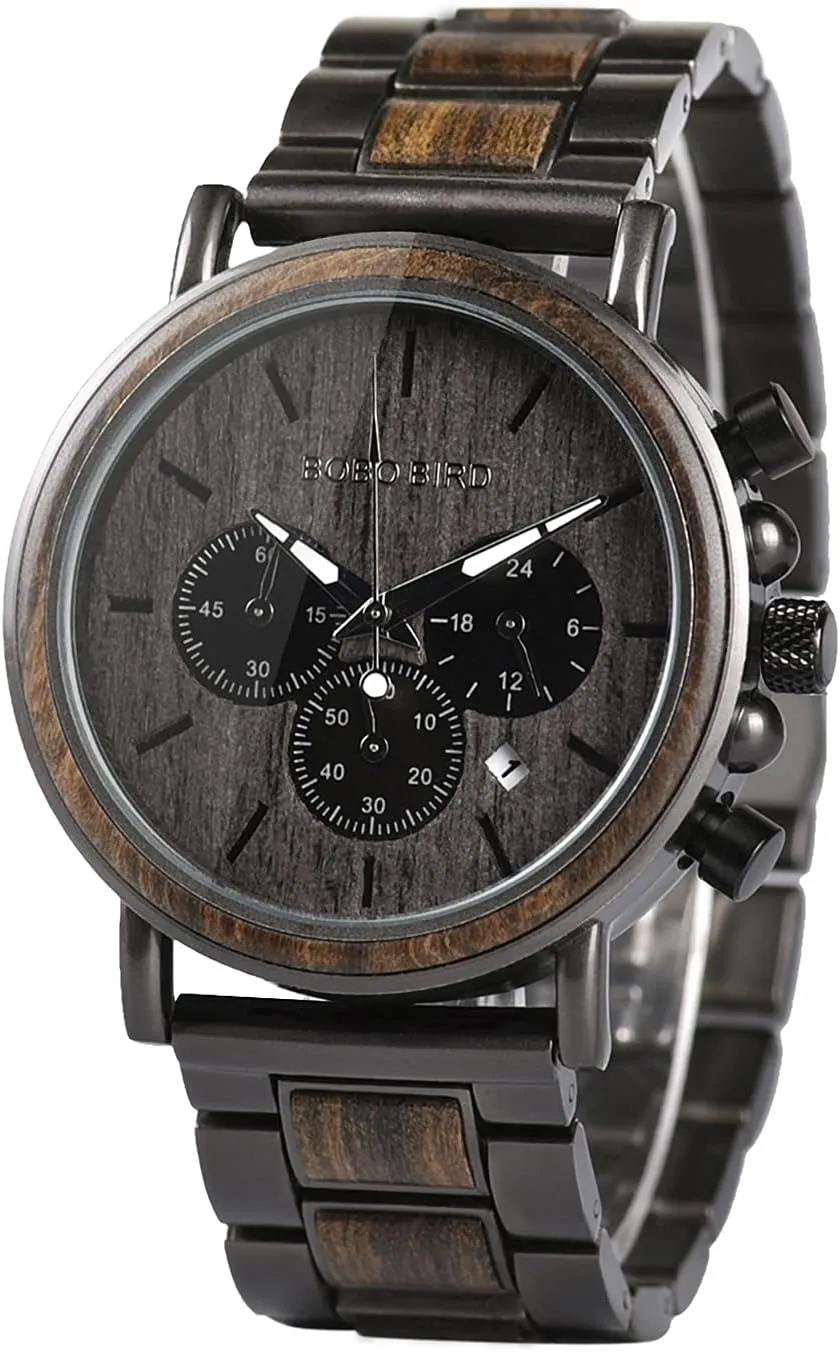 Mens Watches Wood & Stainless Steel Combined Chronograph Military Quartz Casual Wristwatches BOBO die BIRD Wooden 