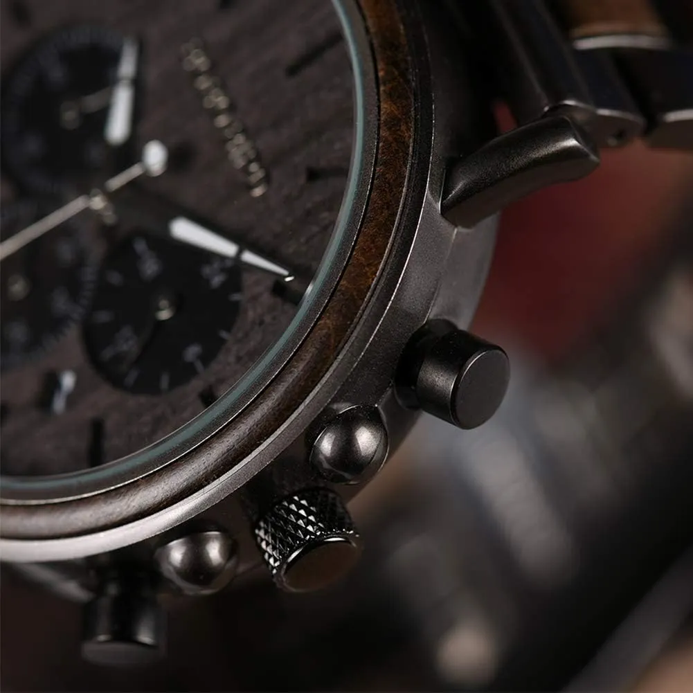Mens Watches Wood & Stainless Steel Combined Chronograph Military Quartz Casual Wristwatches BOBO die BIRD Wooden 