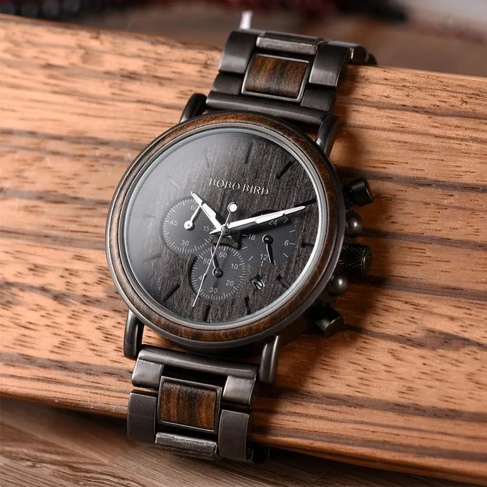 Mens Watches Wood & Stainless Steel Combined Chronograph Military Quartz Casual Wristwatches BOBO die BIRD Wooden 
