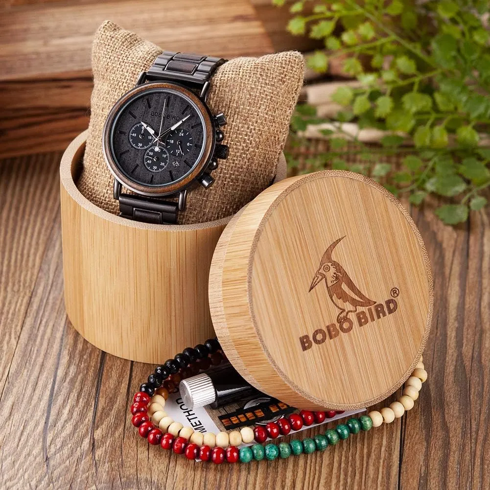 Mens Watches Wood & Stainless Steel Combined Chronograph Military Quartz Casual Wristwatches BOBO die BIRD Wooden 