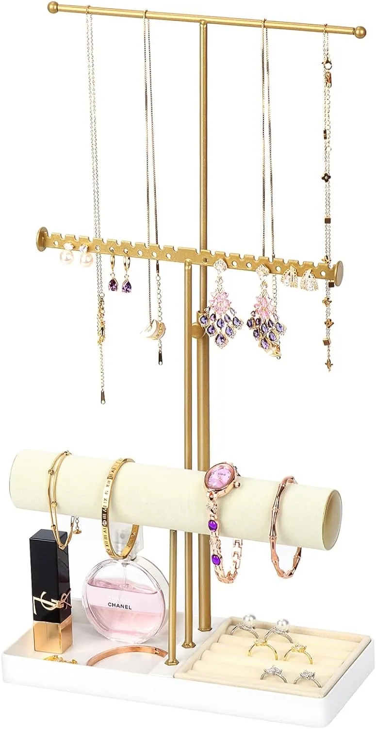 Metal Jewelry Tower Gift for Women Jewelry Organizer Stand with Velvet Bracelet Holder, 3 Tier Sturdy Hangers for Necklaces, Watches, installation Rings, Earrings, Adjustable Tall 17.1" (Max), Gold 