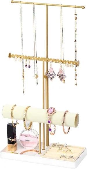 Metal Jewelry Tower Gift for Women Jewelry Organizer Stand with Velvet Bracelet Holder, 3 Tier Sturdy Hangers for Necklaces, Watches, installation Rings, Earrings, Adjustable Tall 17.1" (Max), Gold 