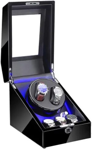 Mode Setting, fit Lady and Man Watches Wooden Watch Winder Box for 2 Automatic Watches 3 Storage, decoration objectify Blue LED Light, 4 Rotation 