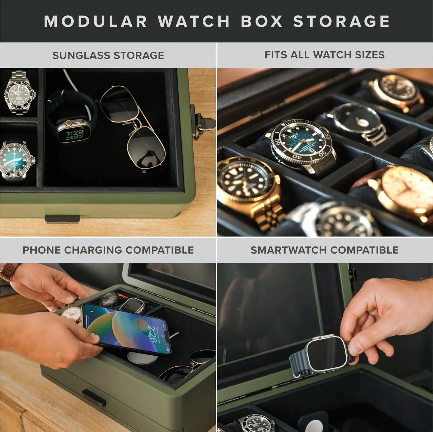 Modular Valet Tray, Apple Watch Compatible with Apple Watch Stand, alga glacial syntactic Accessory Drawer, Watch Pillow Stands CASE ELEGANCE Monogrammed Military 10 Slot Watch Box Case Organizer for Men, Real Glass Top, 