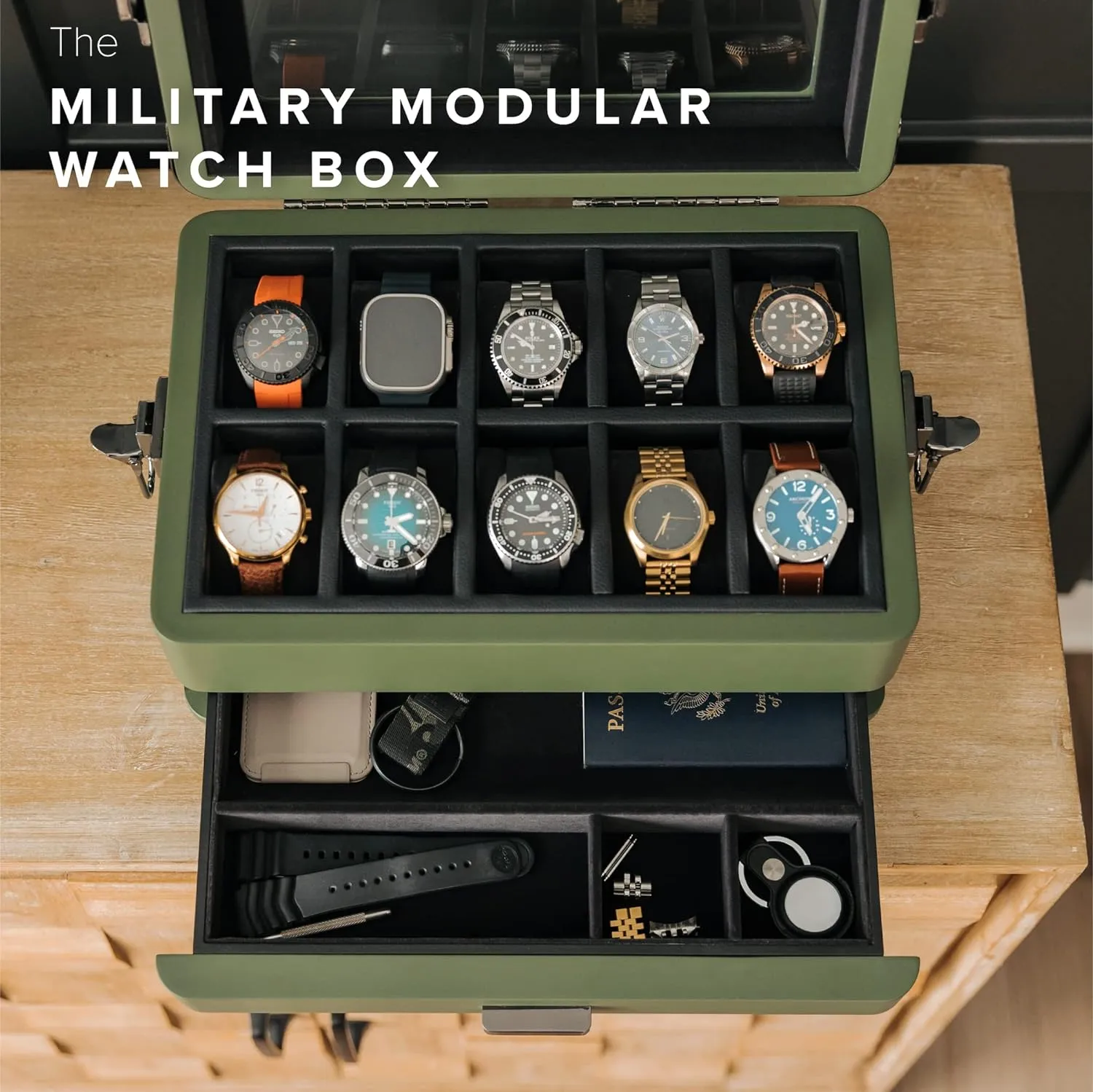 Modular Valet Tray, Apple Watch Compatible with Apple Watch Stand, alga glacial syntactic Accessory Drawer, Watch Pillow Stands CASE ELEGANCE Monogrammed Military 10 Slot Watch Box Case Organizer for Men, Real Glass Top, 