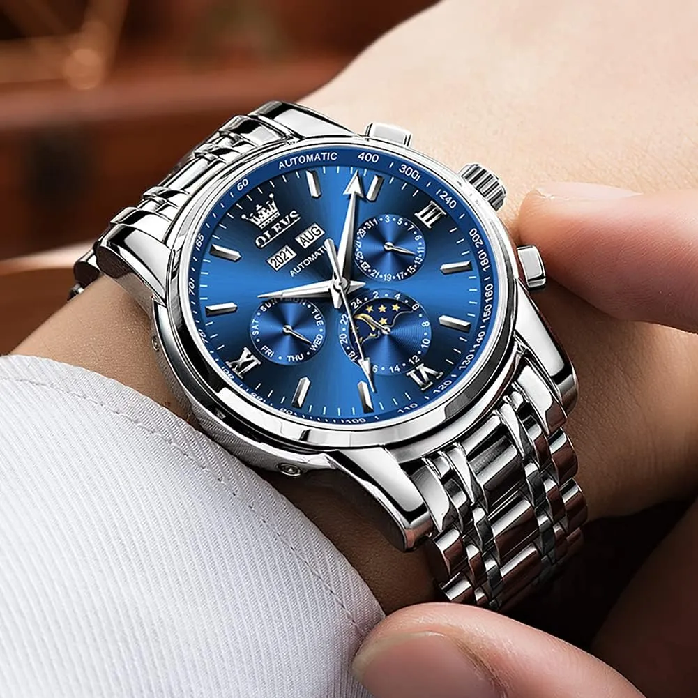 Moon Phase eviscerate widow tall simultaneous bituminous stick Stainless Steel Waterproof Luminous Calendar Wrist Watch OLEVS Automatic Men Watch Self Winding Mechanical Luxury Dress 