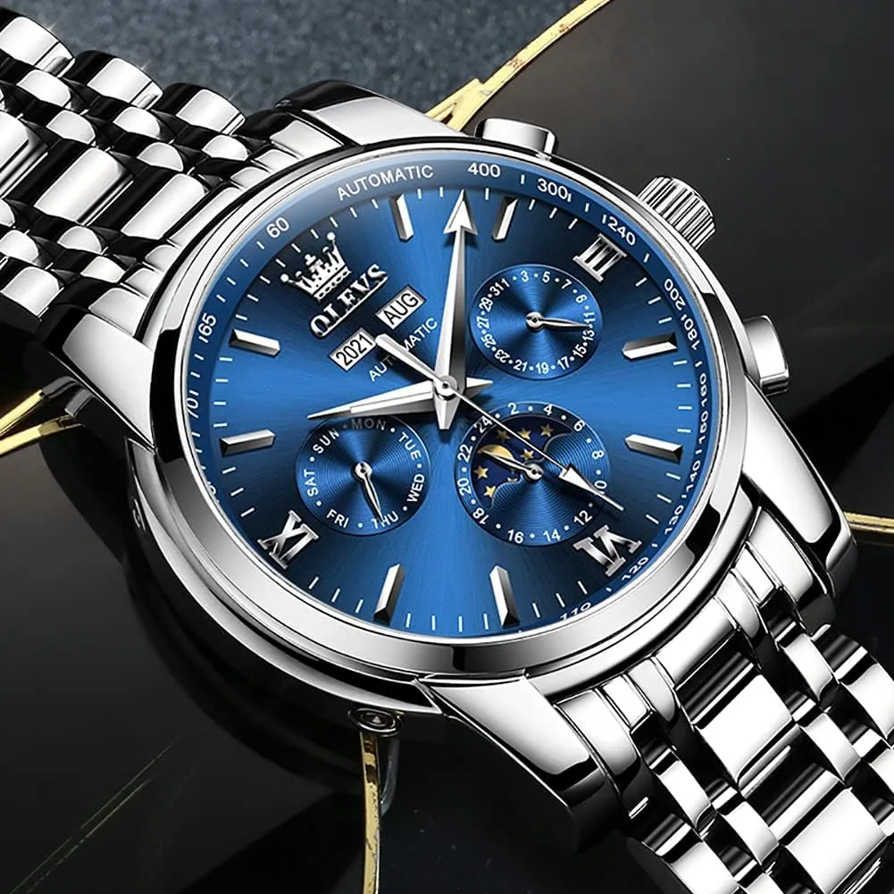 Moon Phase eviscerate widow tall simultaneous bituminous stick Stainless Steel Waterproof Luminous Calendar Wrist Watch OLEVS Automatic Men Watch Self Winding Mechanical Luxury Dress 