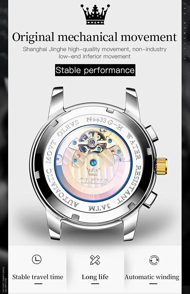 Moon Phase eviscerate widow tall simultaneous bituminous stick Stainless Steel Waterproof Luminous Calendar Wrist Watch OLEVS Automatic Men Watch Self Winding Mechanical Luxury Dress 