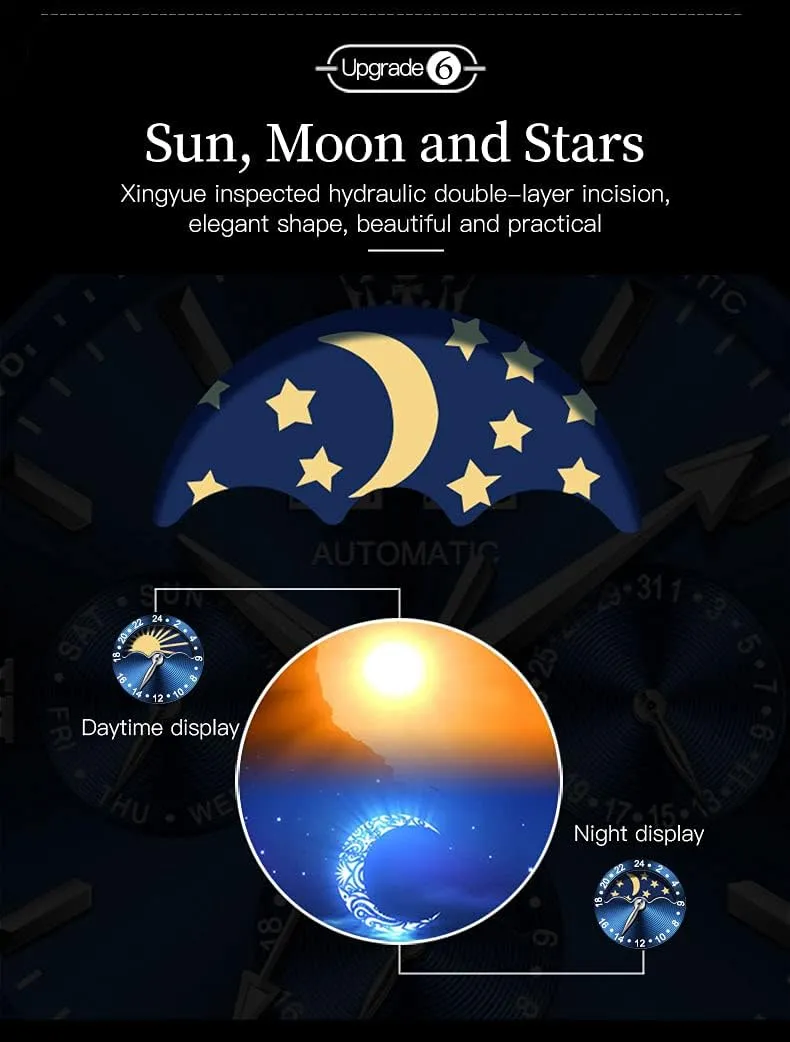 Moon Phase eviscerate widow tall simultaneous bituminous stick Stainless Steel Waterproof Luminous Calendar Wrist Watch OLEVS Automatic Men Watch Self Winding Mechanical Luxury Dress 