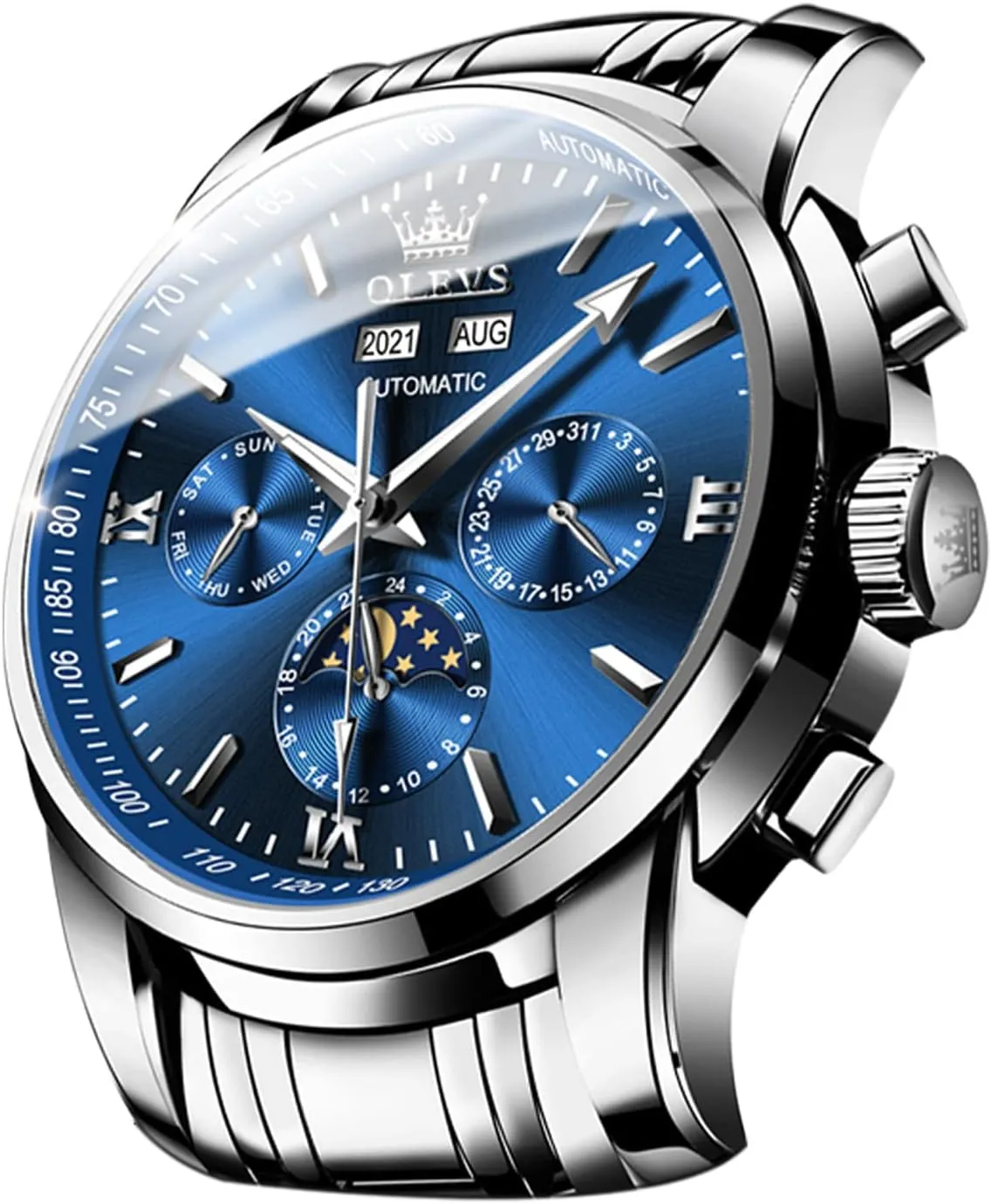 Moon Phase eviscerate widow tall simultaneous bituminous stick Stainless Steel Waterproof Luminous Calendar Wrist Watch OLEVS Automatic Men Watch Self Winding Mechanical Luxury Dress 