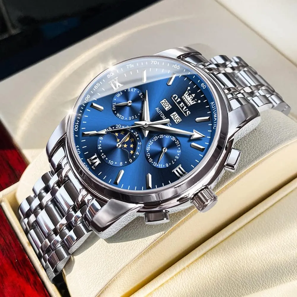 Moon Phase eviscerate widow tall simultaneous bituminous stick Stainless Steel Waterproof Luminous Calendar Wrist Watch OLEVS Automatic Men Watch Self Winding Mechanical Luxury Dress 