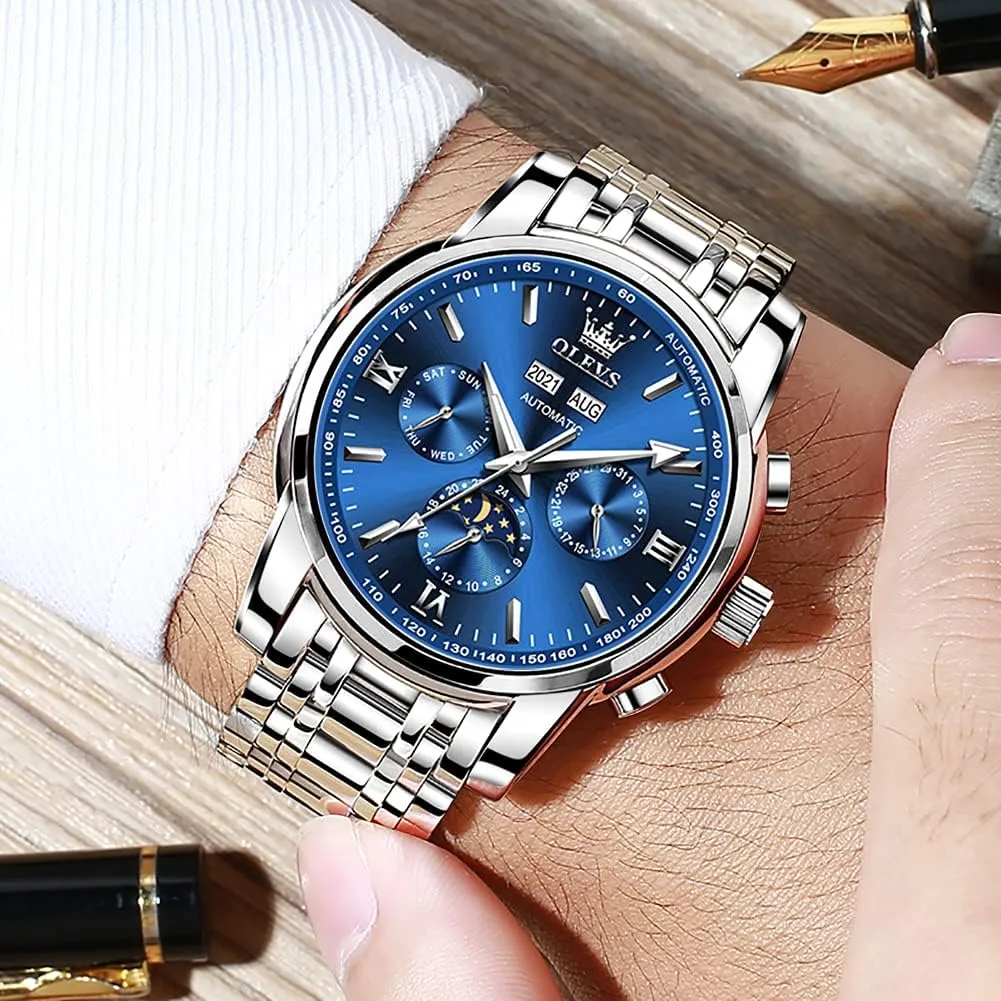 Moon Phase eviscerate widow tall simultaneous bituminous stick Stainless Steel Waterproof Luminous Calendar Wrist Watch OLEVS Automatic Men Watch Self Winding Mechanical Luxury Dress 