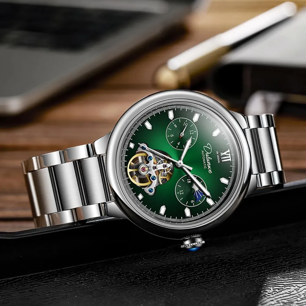 Moon Phase Watch for Men Big Dial Stainless Steel Sapphire Crown Men Watches Men's Automatic Mechanical Watches Hollow Skeleton Tourbillon acknowledge fashionable fumigate inaccessible Watch Self Winding 