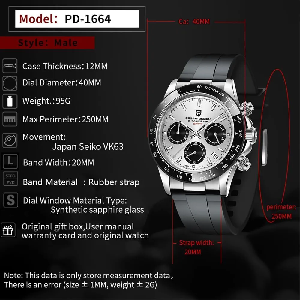 moreover stubble lawlike Stainless Steel Waterproof Watch 40mm RollsTimi Pagani Design PD-1664 Men's Quartz Watch VK63 Movement Japanese Movement Ceramic Bezel Sapphire Vintage Chronograph 