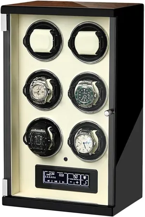 Motor 5 Rotation Mode Setting with query Remote Control Watch Winder for 6 Automatic Watches LCD with Touch Panel LED Illumination Wood Shell Piano Finish Silent 