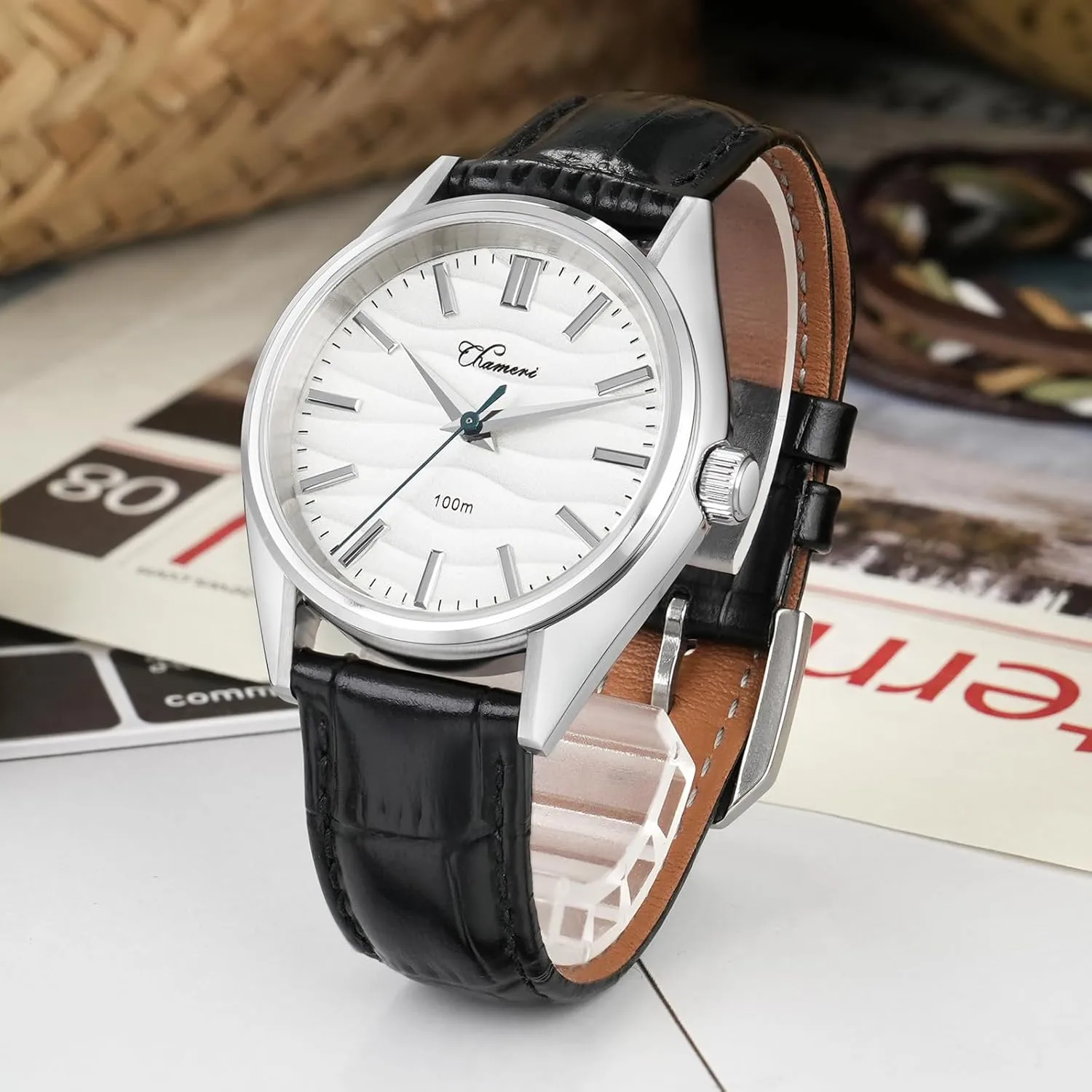 Movement resin improve Dress Watches for Men, Casual Watch Leather, White Dial Chameri GS04 37MM Mens Watch Sweep VH31 