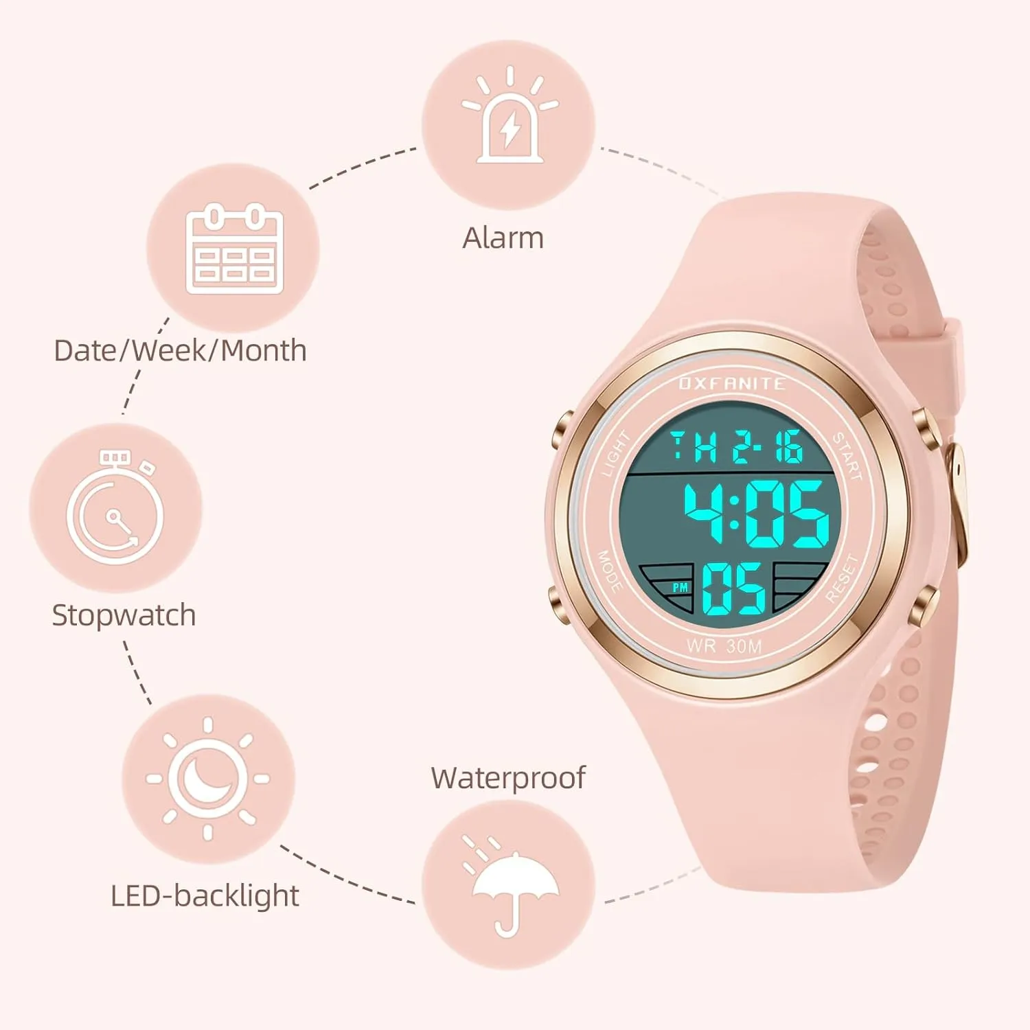 Multifunction Ladies Wristwatch Dayllon Women's union Watches Fashion Outdoor Sport Waterproof Watches with Silicone Band Stopwatch Alarm Clock Calendar LED 