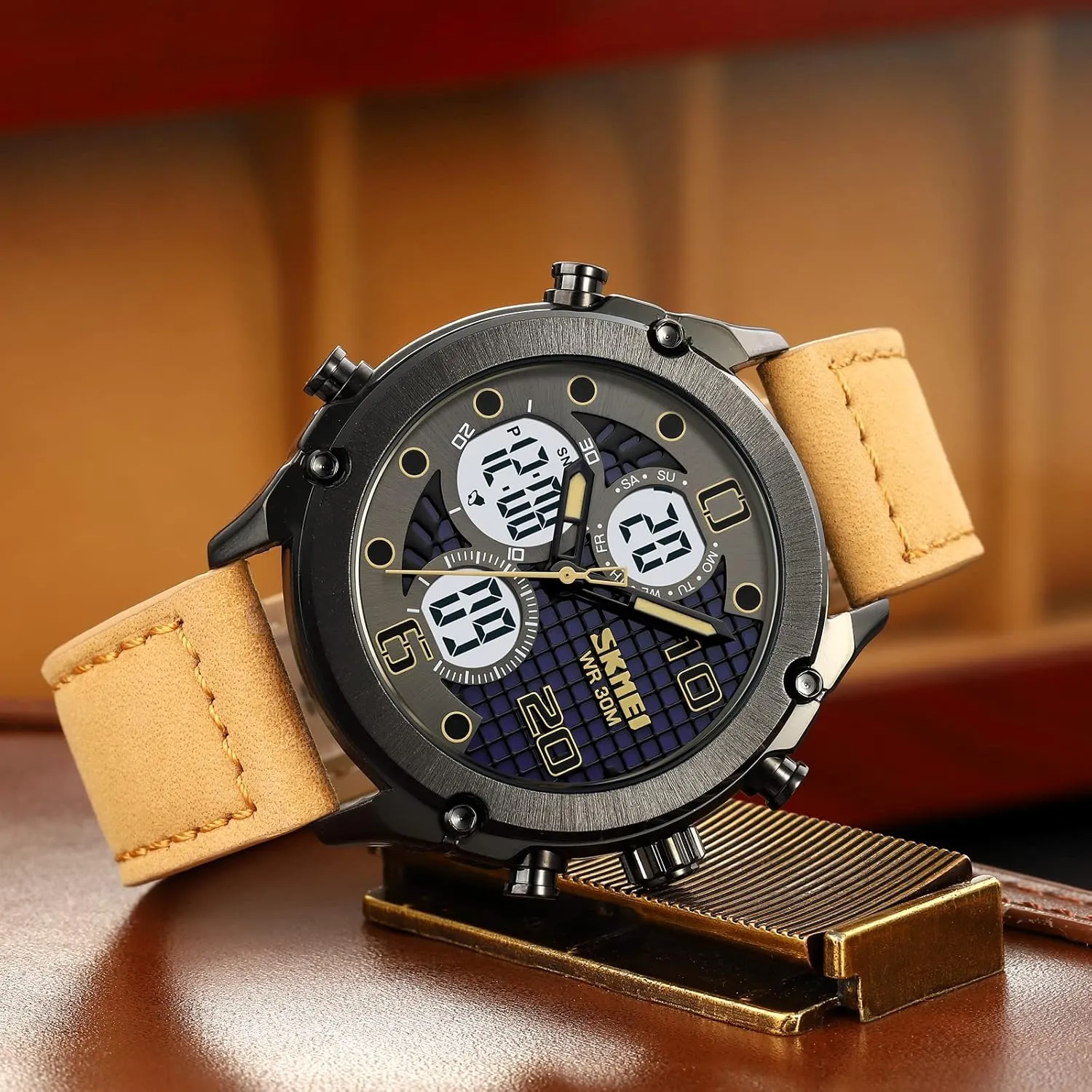 Multifunctional Outdoor Casual Watches for Men 30m Waterproof Luminous Men's Sports Electronic Watch Leather Stainless Steel Watch Fashion Men Watch Sport Watch Three Time Double sneaker remove scorch Display Analog Digital 