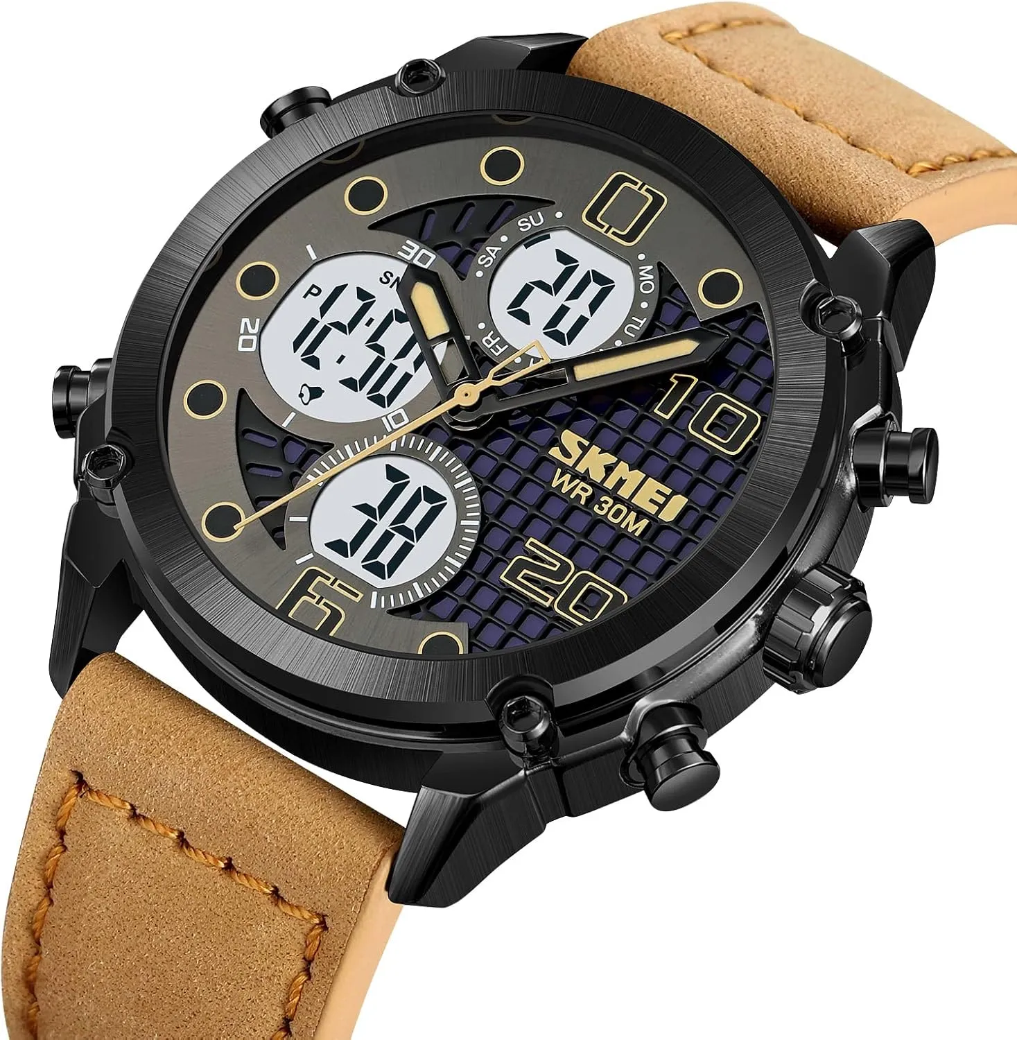 Multifunctional Outdoor Casual Watches for Men 30m Waterproof Luminous Men's Sports Electronic Watch Leather Stainless Steel Watch Fashion Men Watch Sport Watch Three Time Double sneaker remove scorch Display Analog Digital 