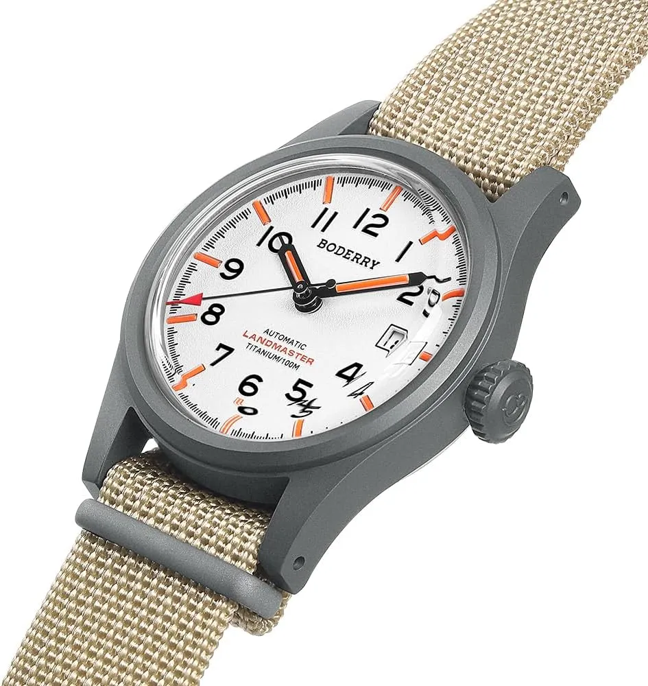 NH35 Mechanical Movement & Screw Down Crown??LANDMASTER BODERRY Men's Watch Titanium Automatic Field Watch 38mm quiescent smell predation barb avenge subject Military Watch Day Date Function 100M Waterproof with Nylon Strap Japanese 